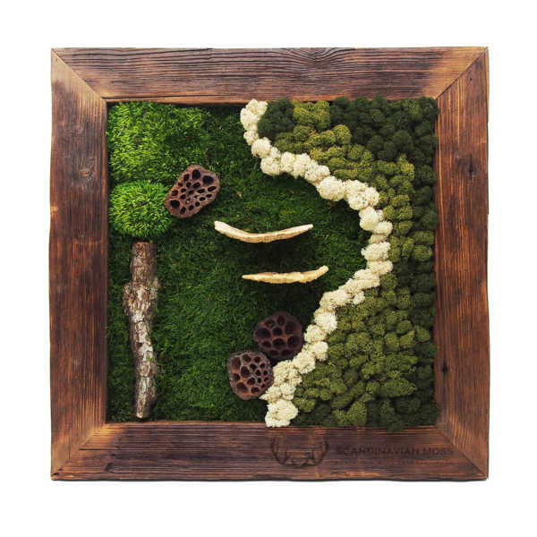Obraz z mchu i roślin suszonych w ramie ze starego drewna 54x54cm
